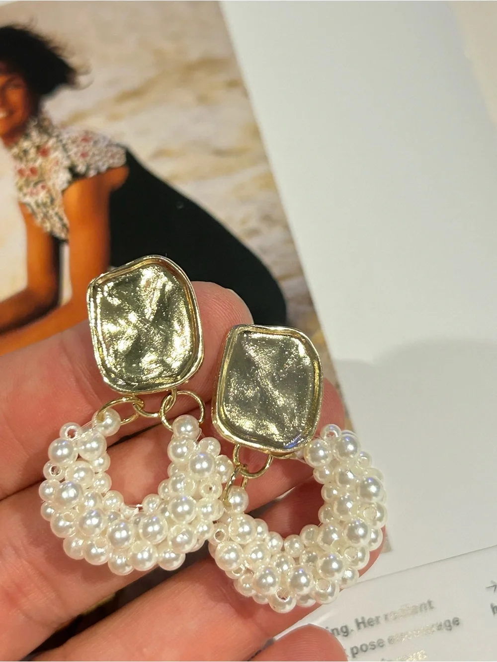Gold and Pearl Cluster Drop Earrings - Women Jewelry